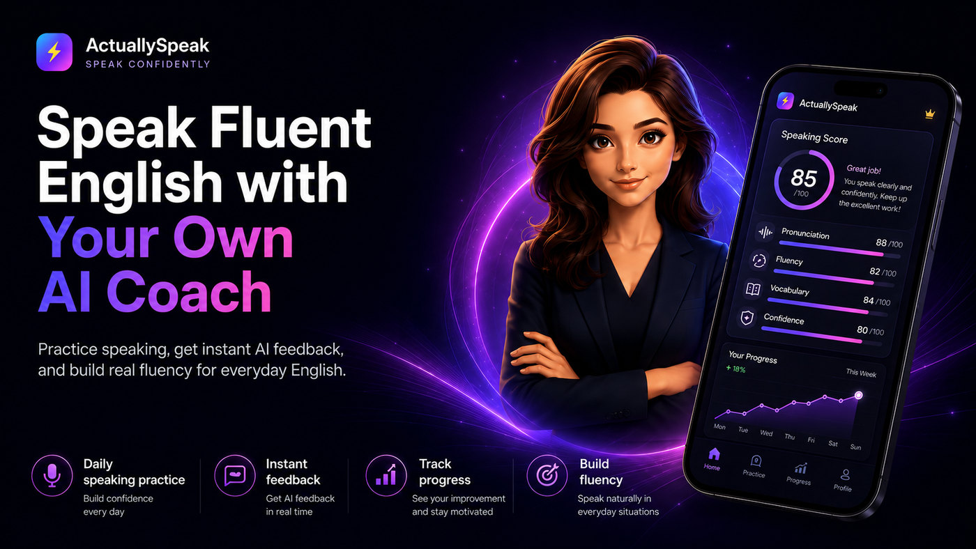 ActuallySpeak Everyday English — an AI coach scoring your speaking 85/100 with pronunciation, fluency, vocabulary and confidence feedback, plus a weekly progress chart.