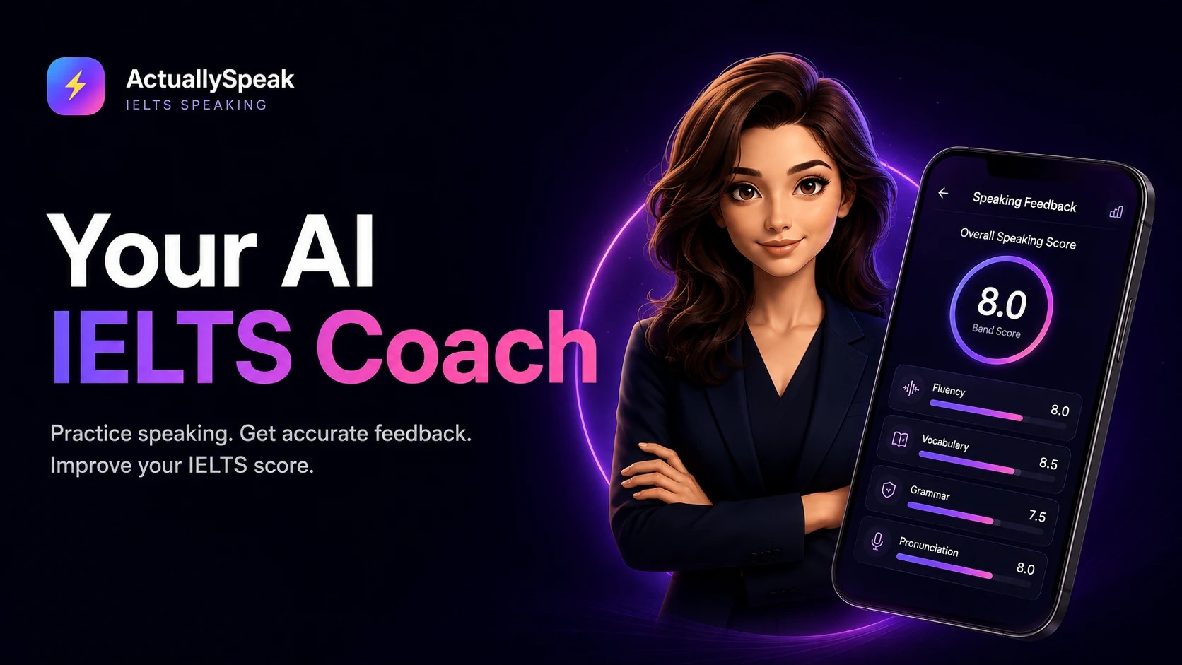 ActuallySpeak AI IELTS coach hero image